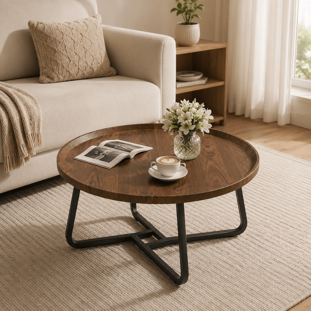 Modern Cocoa Wood Metal Frame Round Coffee Table