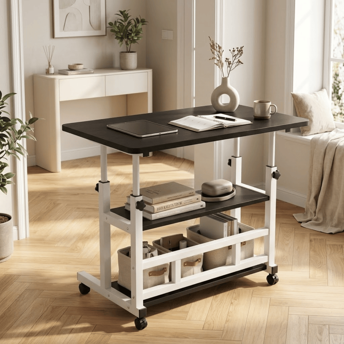 Height Adjustable Rolling Laptop Desk with Storage Shelves