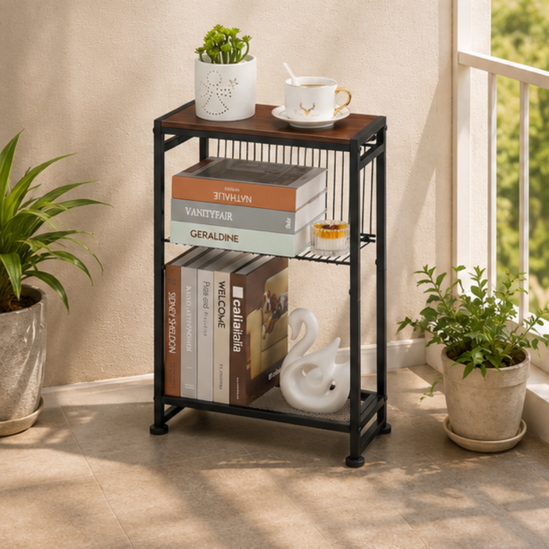 3-Tier Compact Bedside End Table with Magazine Holder and Metal Mesh Shelf