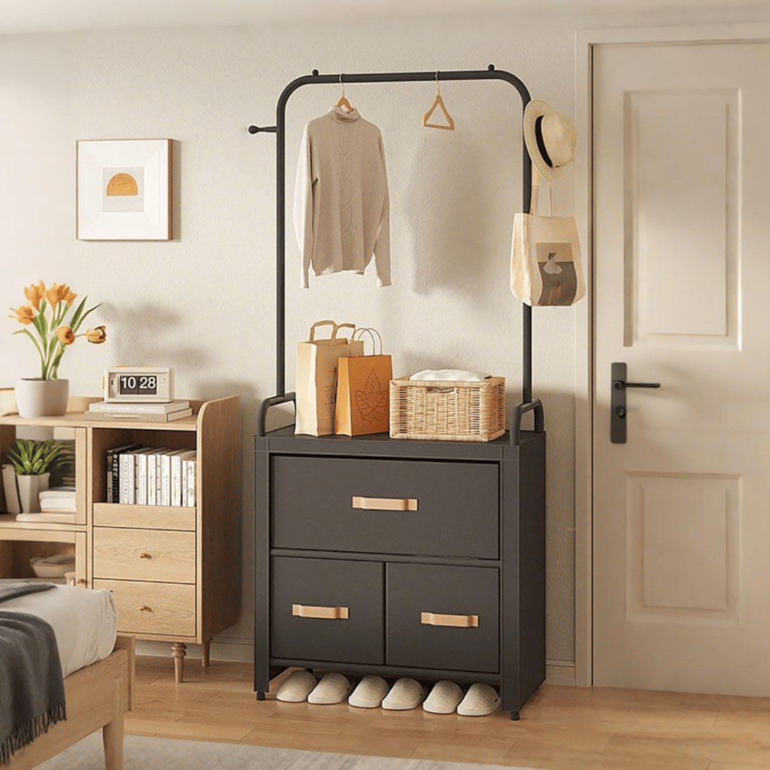 Multifunctional Coat Rack with Drawers Hooks and Hanging Storage Organizer