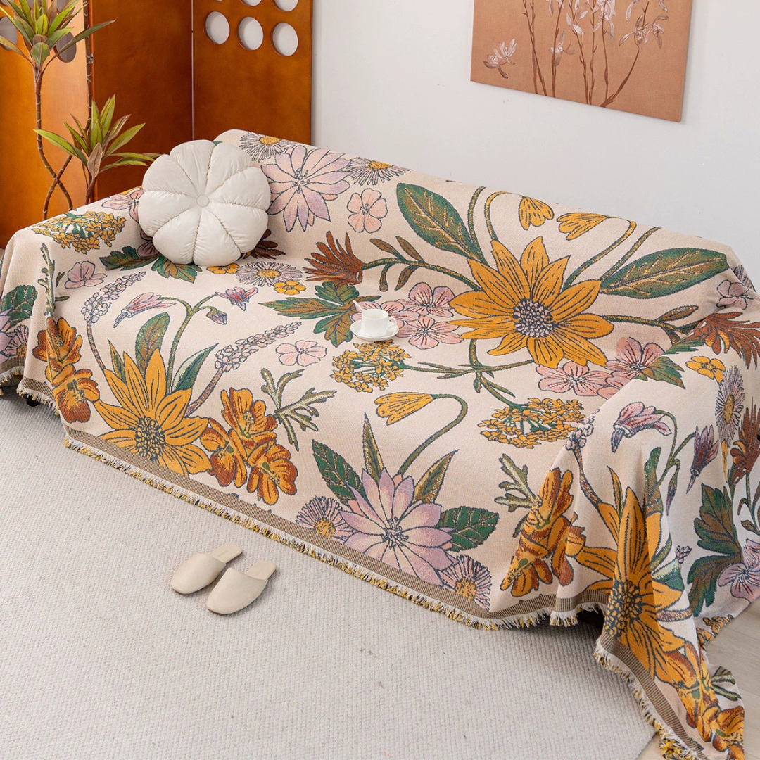 Soft Cotton Sofa Cover with Handwoven Fringe and Floral Texture