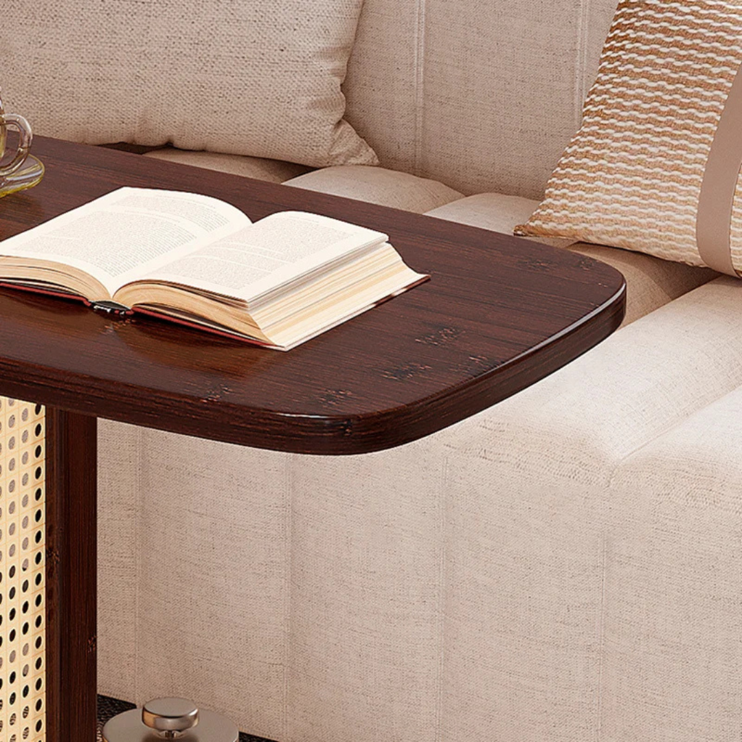 Wooden C Shaped Mobile Sofa Side Table with Woven Resin Storage