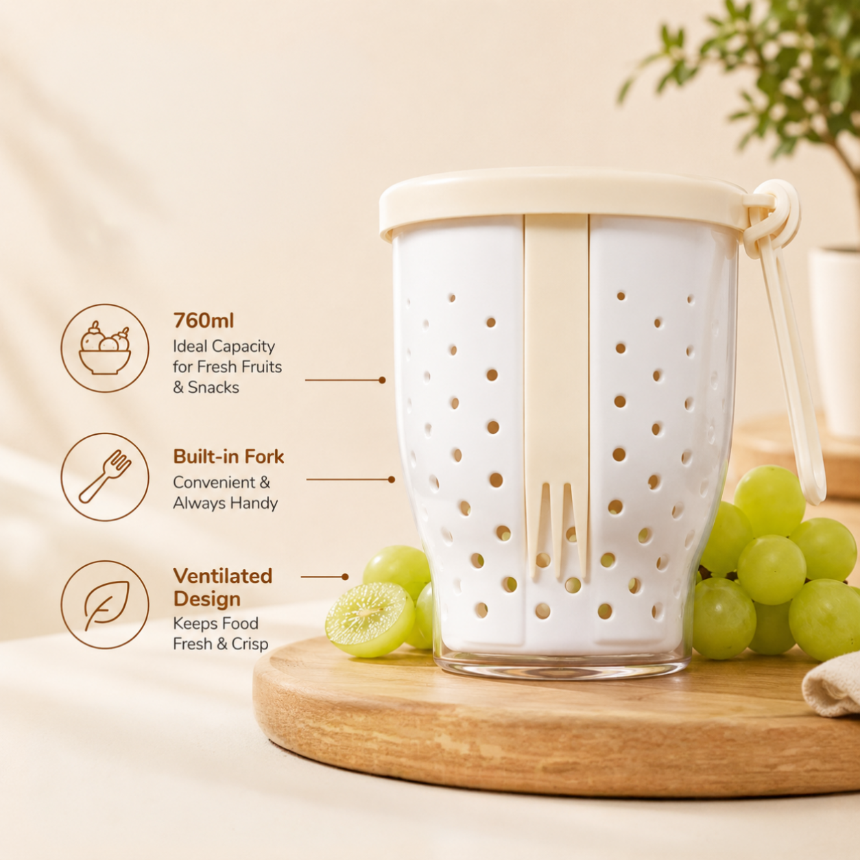 Multi Functional Travel Fruit Storage Cup With Fork - 760ML Capacity