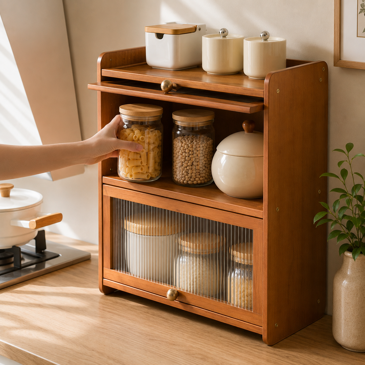 2-Tier Bamboo Acrylic Multipurpose Storage Cabinet with Translucent Flip Door