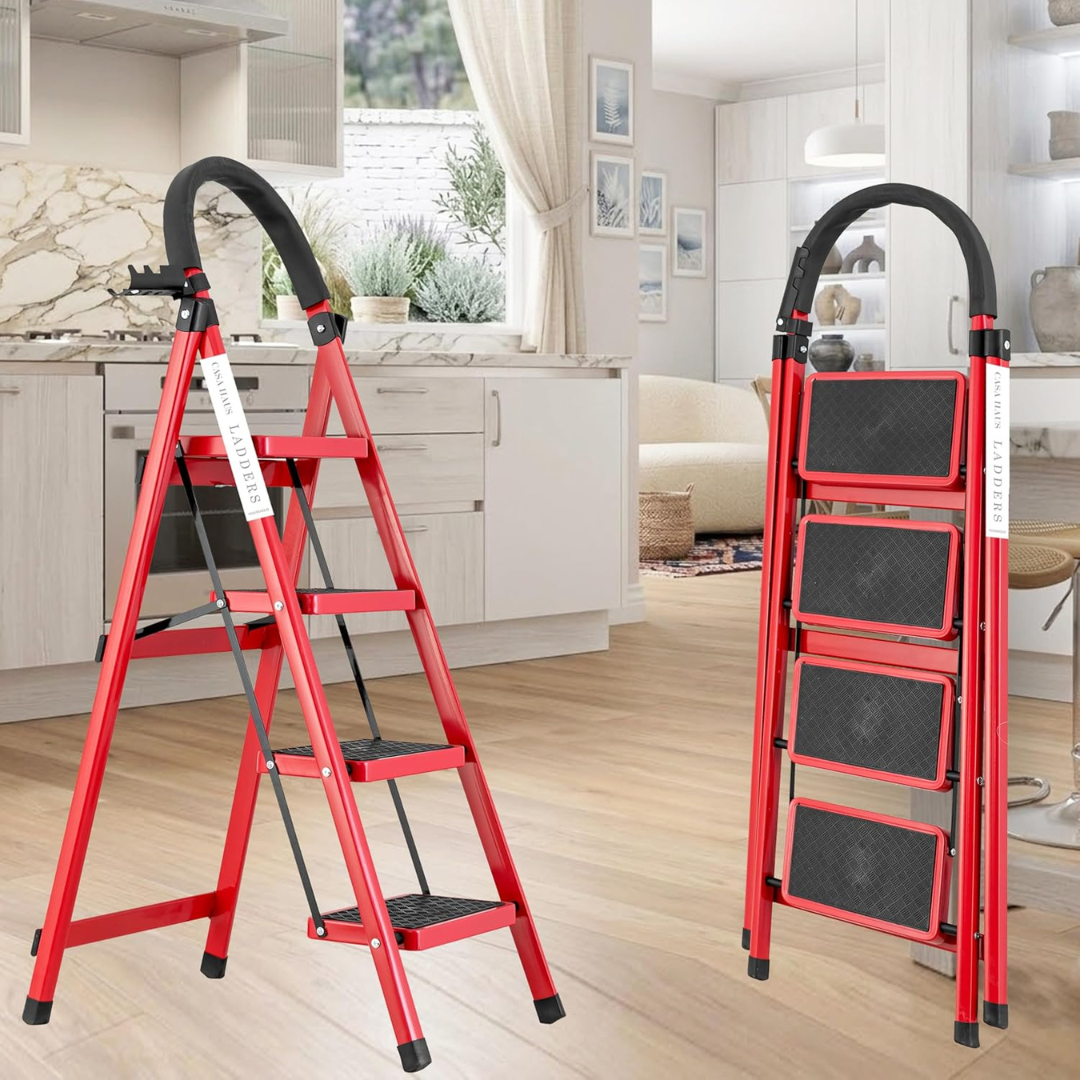 Heavy Duty Foldable Steel Step Ladder with Tool Tray and Safety Hand Grip