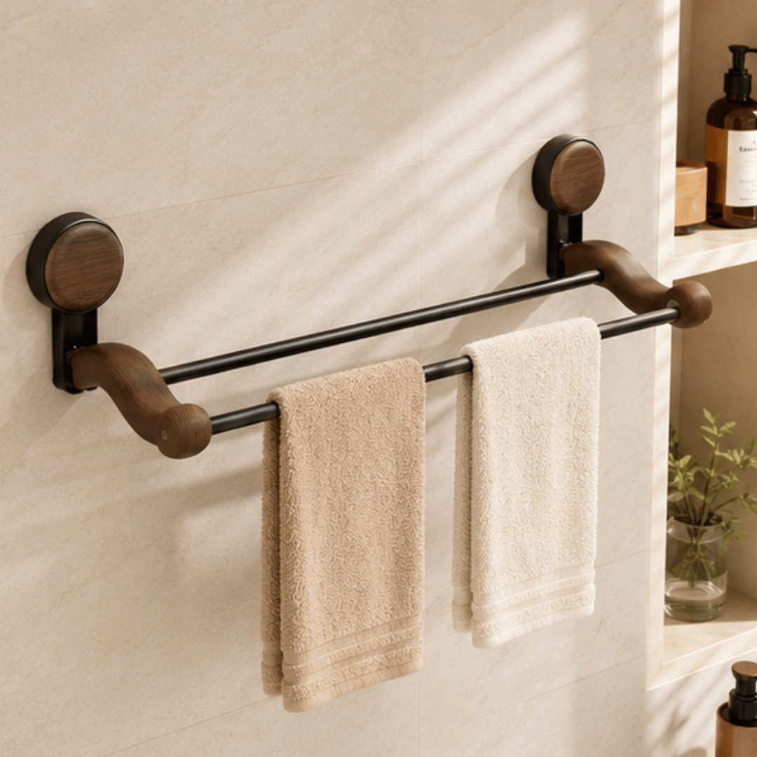 Double Row Natural Wood Towel Rack
