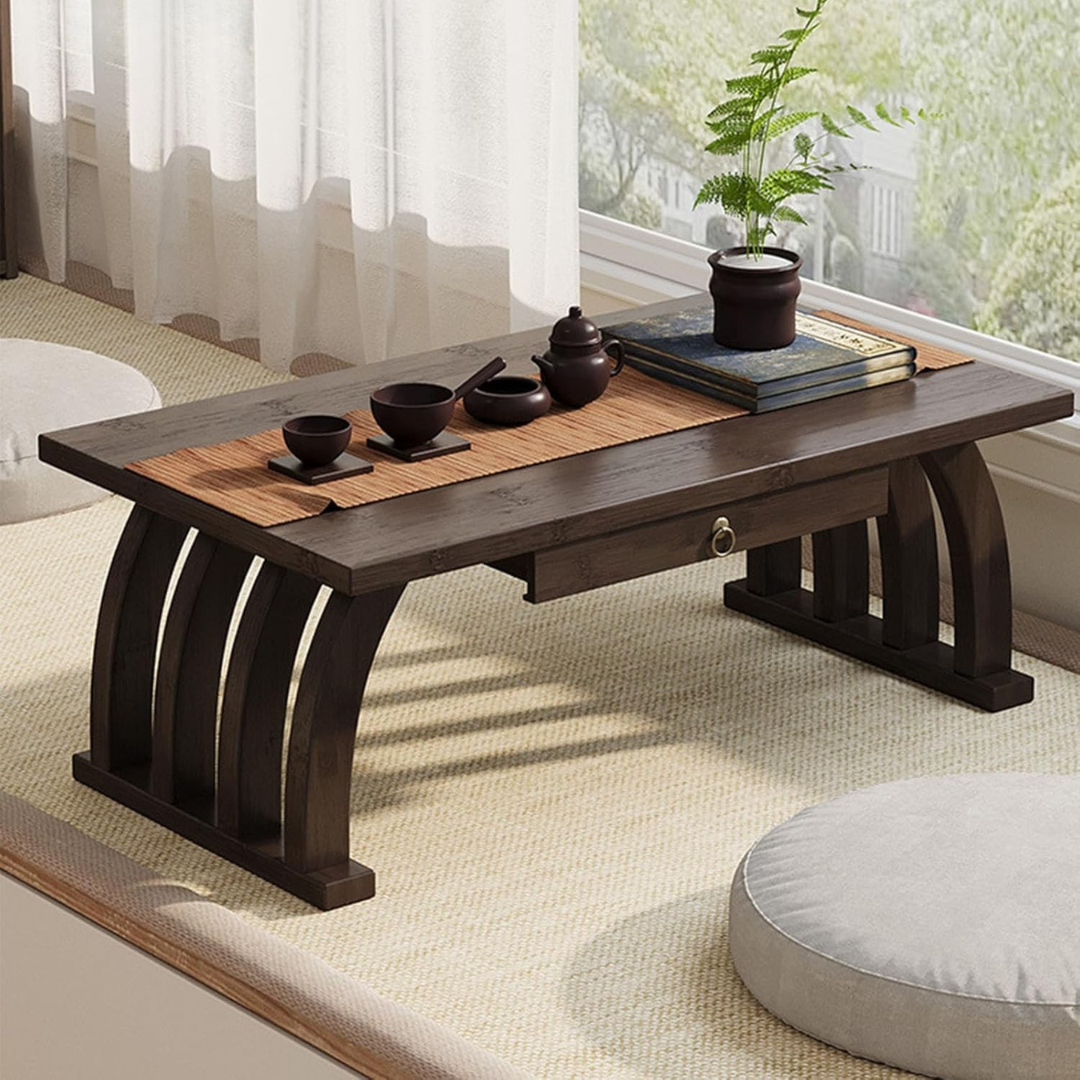 Premium Japanese Style Curve Bamboo Table with Storage Drawer