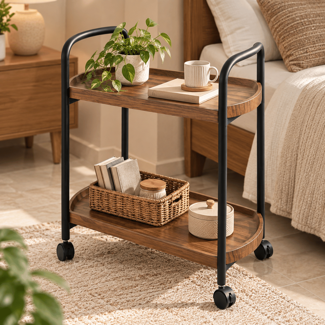 Double Layer Rolling Wooden Trolley With Wheels
