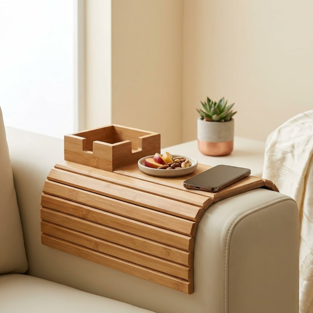 Bamboo Couch Armrest Tray Table with Cup Holder & Snack Organizer