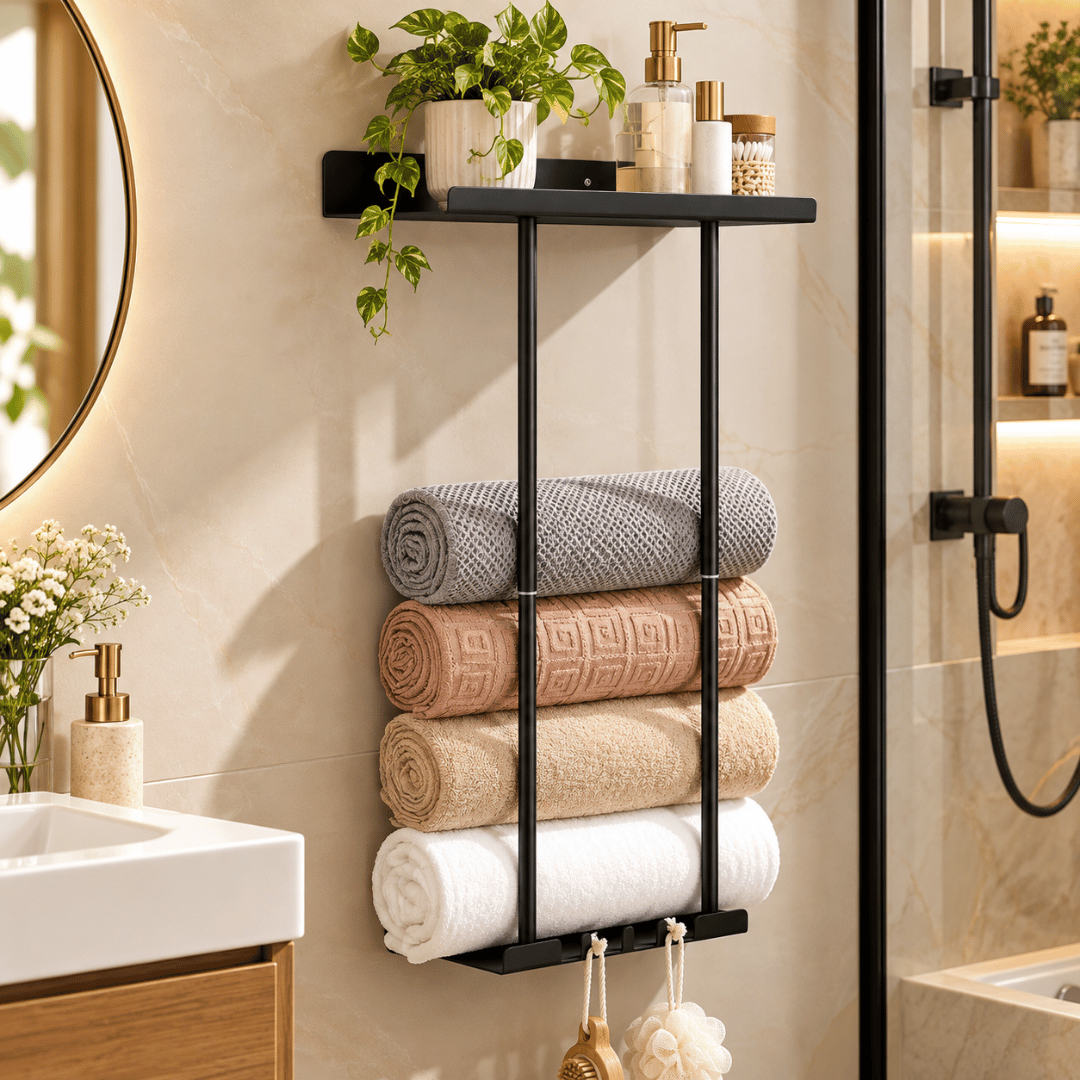 Multifunctional Bathroom Towel Organizer with Floating Shelf