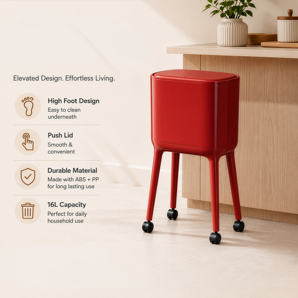 HOMERO Nordic Style High Foot Push Lid Trash Can - 16L
