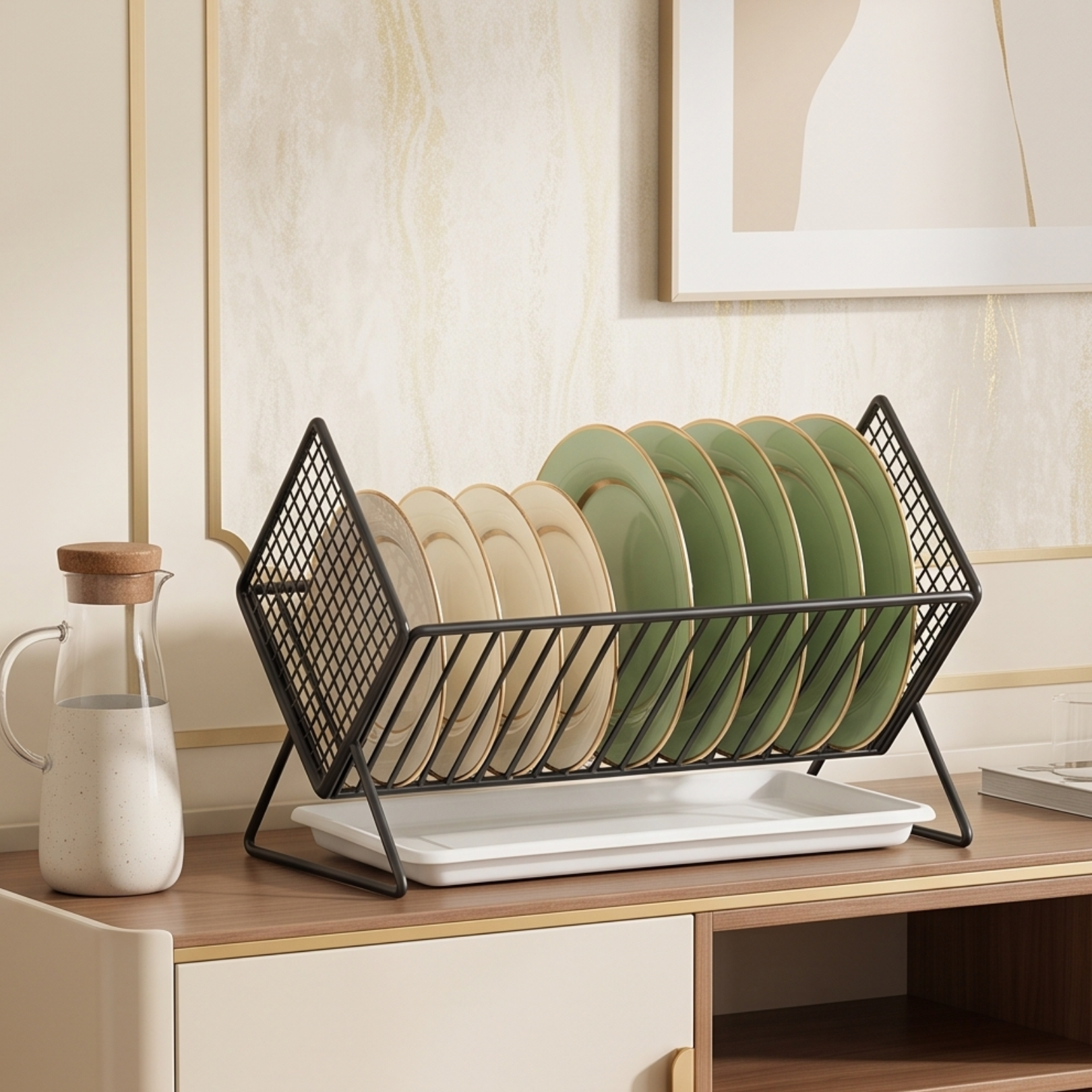Multi-Purpose X Shaped Carbon Steel Kitchen Dish Rack with Drip Tray