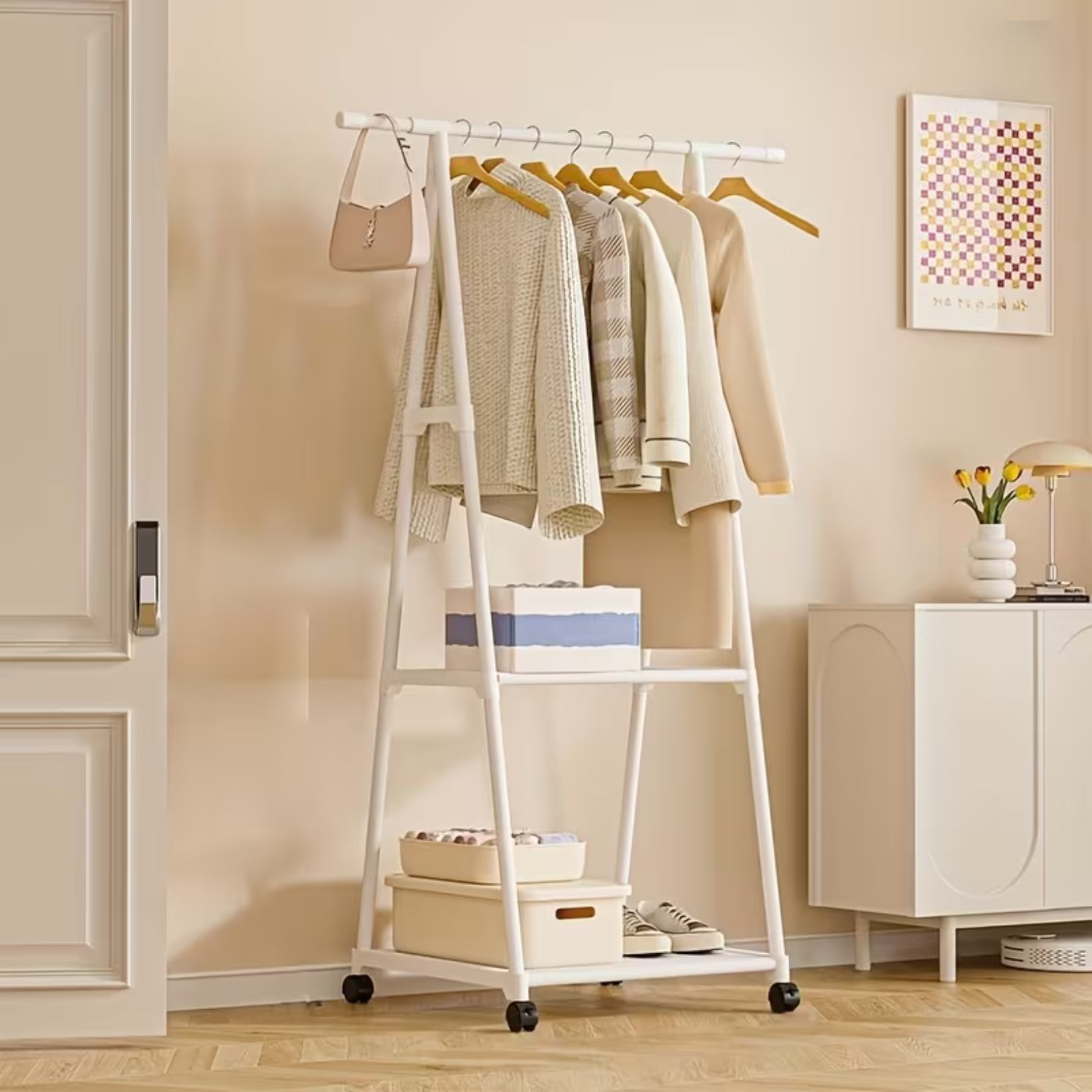 Multi Functional Metal Clothes Rack with Storage Shelves and Wheel