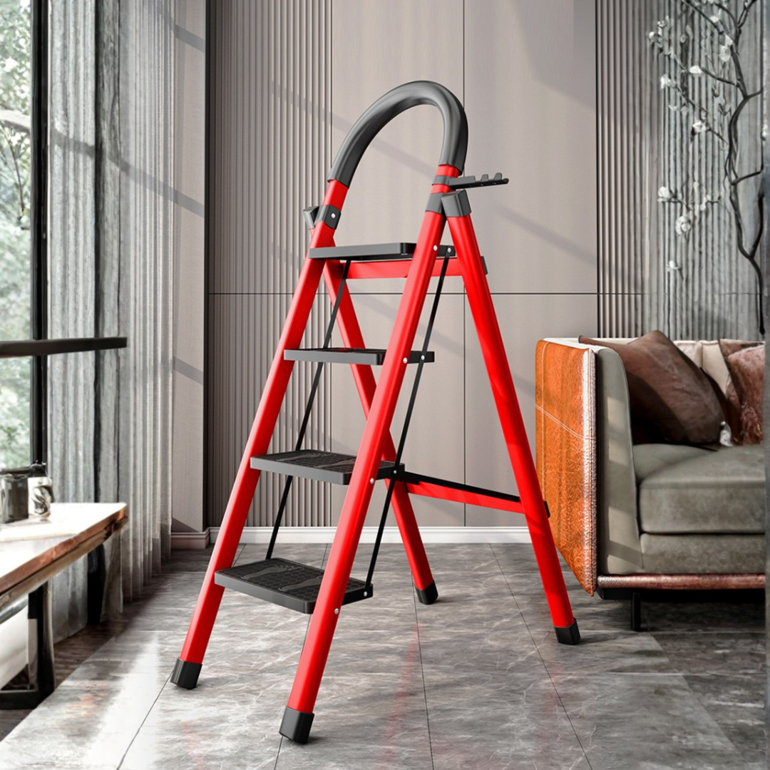 Foldable Carbon Steel Four Step Ladder with Handrail and Tool Tray