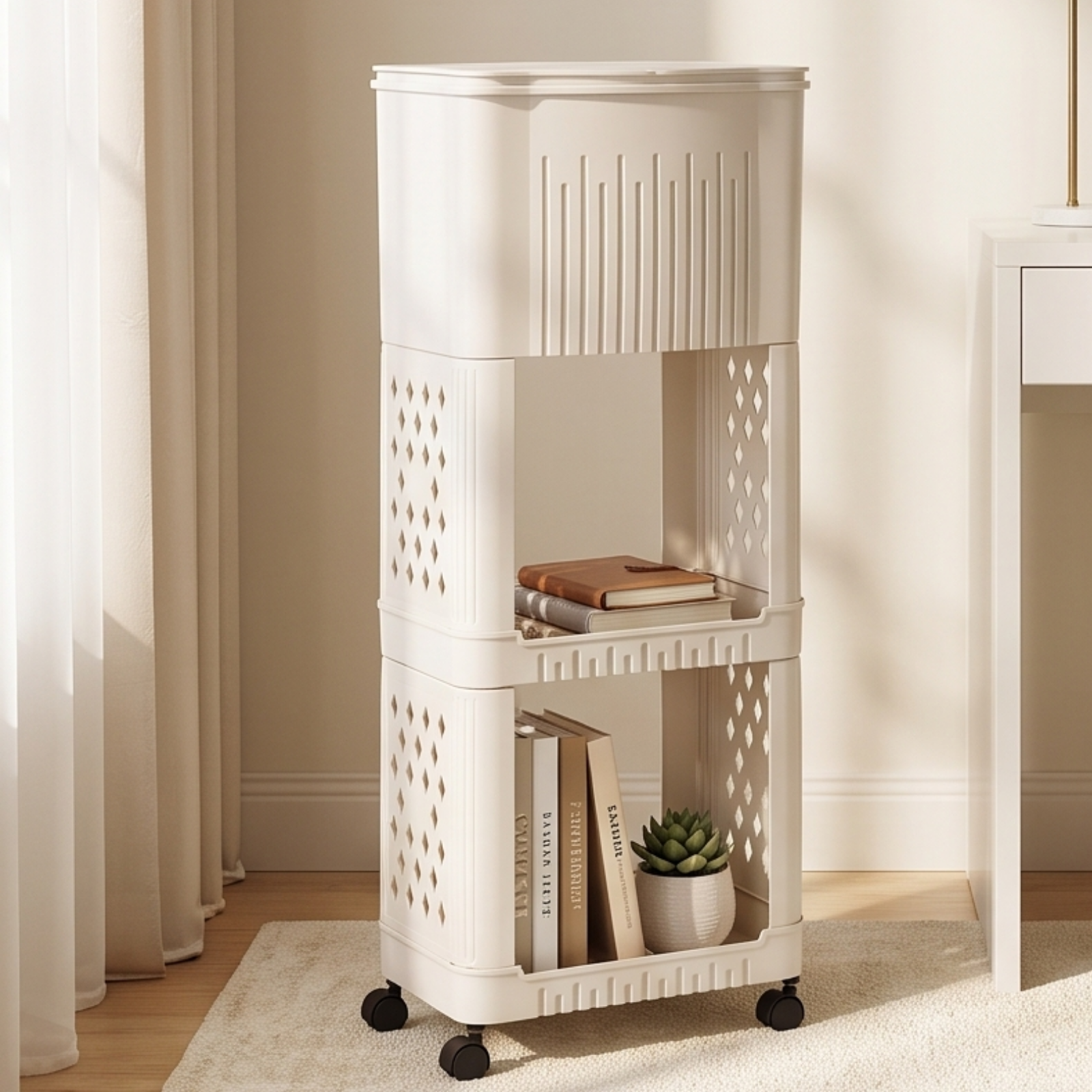 Multi Purpose Slim Storage Trash Bin with Open Mesh Storage Shelves