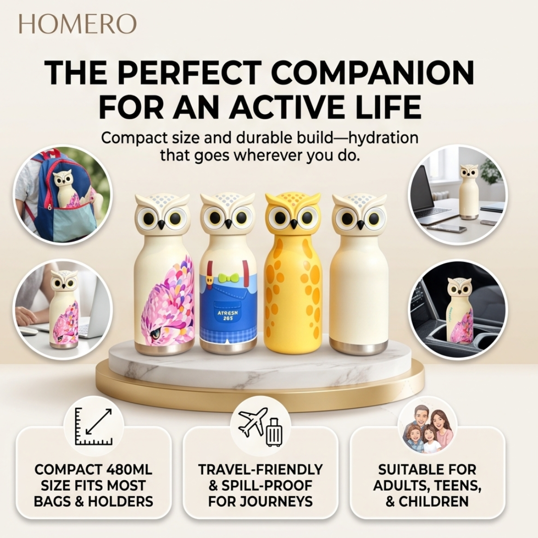 Cute Owl Stainless Steel Leakproof Sipper Drinking Bottle with Straw