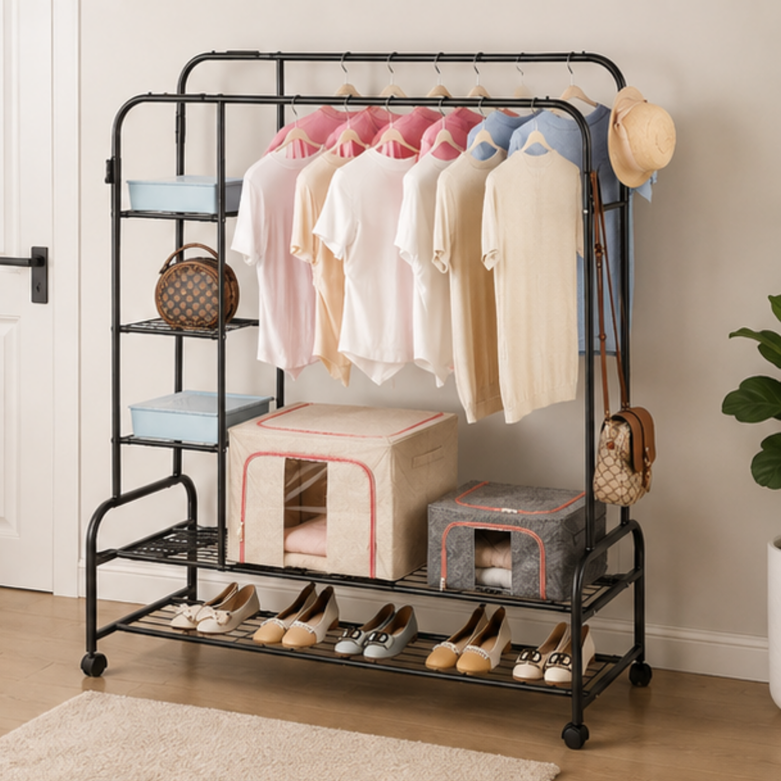 Multifunctional  Double Rail Garment Shoe Rack With Wheels