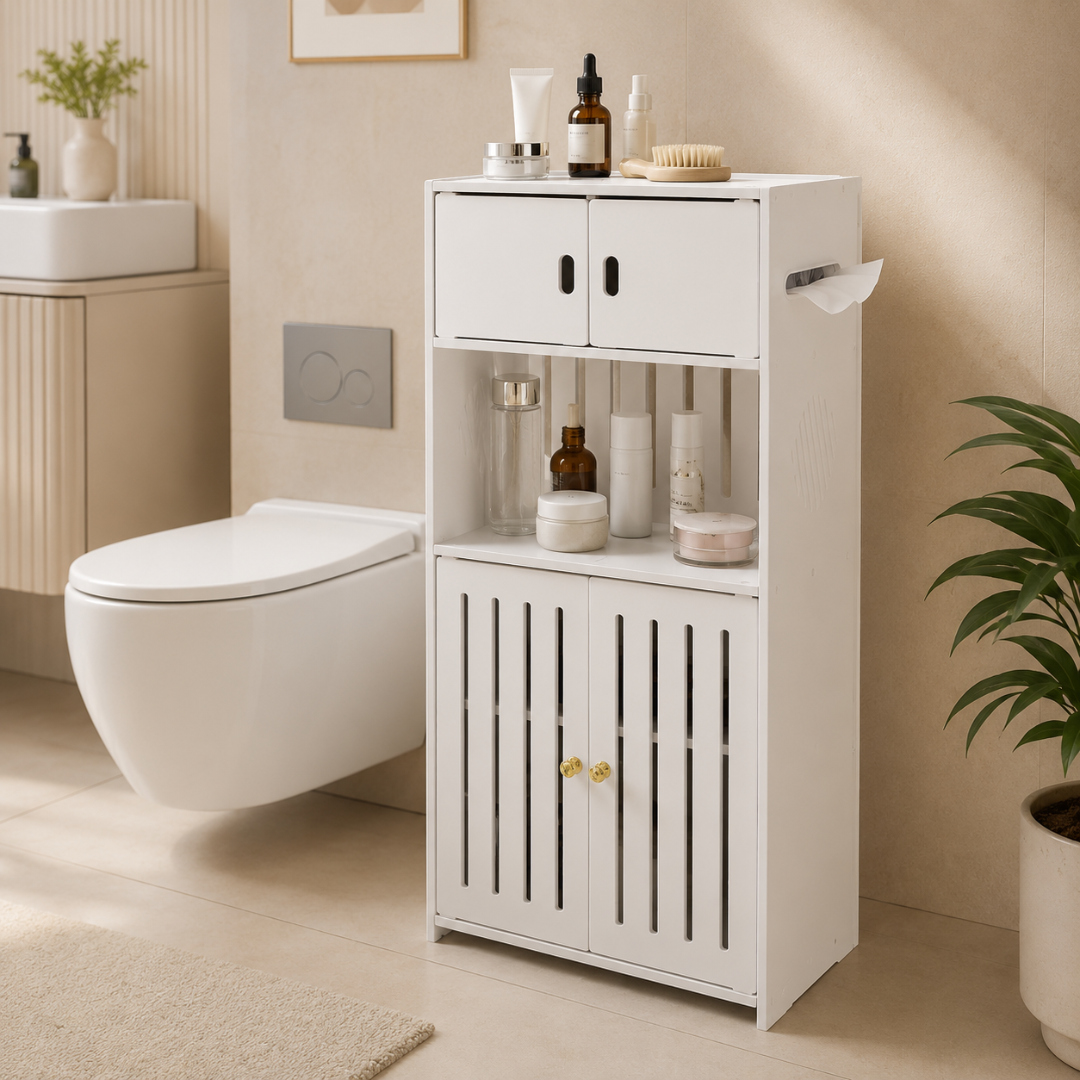 Multi-Use Storage Cabinet with Tissue Dispenser Shelves and Doors