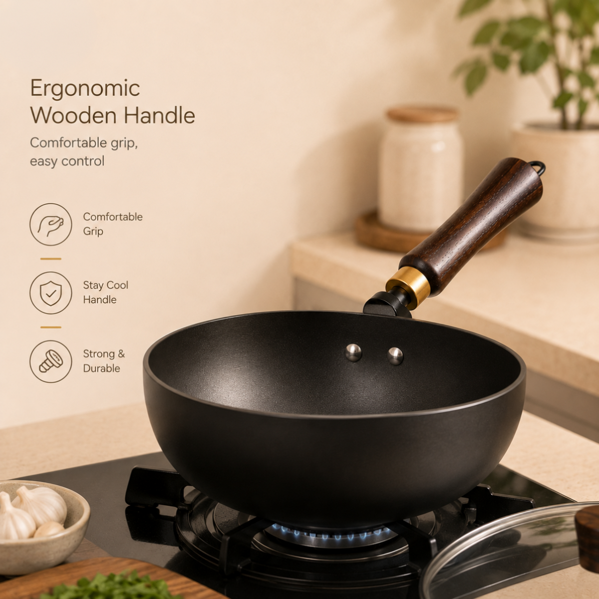 Homero Premium Iron Frying Wok Pan with Glass Lid - 24CM Black