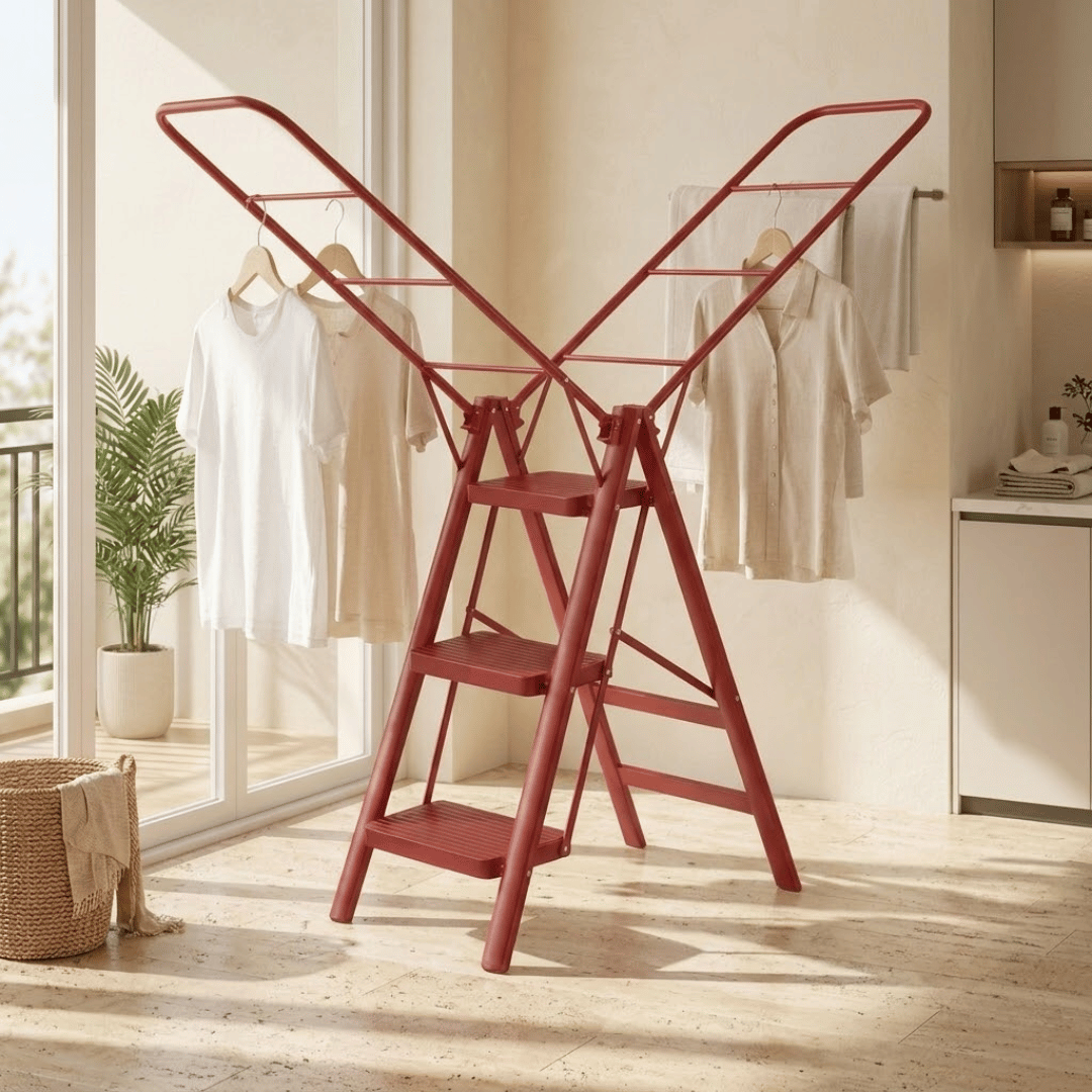Multipurpose Foldable Steel Step Ladder with Integrated Clothes Drying Rack and Extended Wings