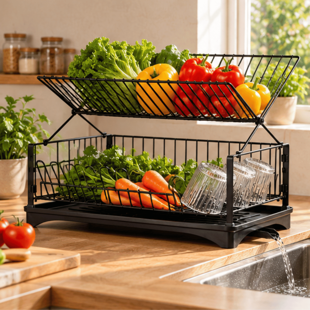 Two Tier Black Carbon Steel Dish Drying Rack with Swivel Drainage Spout