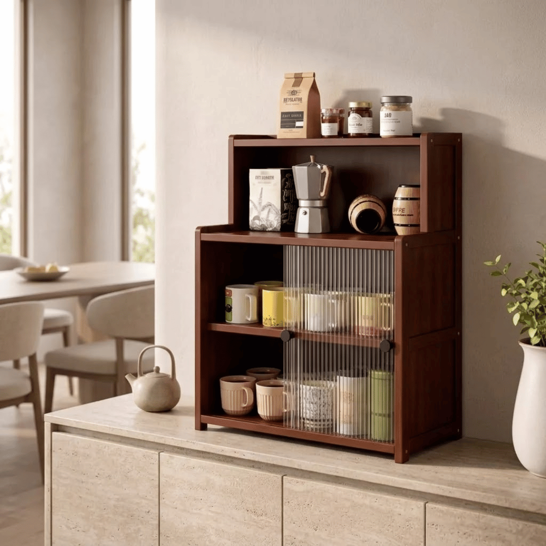 Premium Wooden Countertop Organizer with Open Shelf and Dust Protected Sliding Compartments