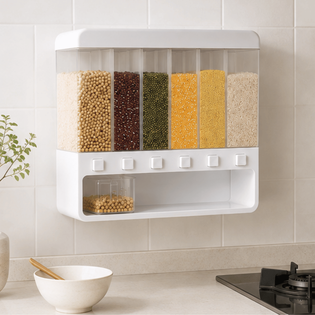 Six Compartment Airtight One Touch Grain Dispenser Storage Container With Measuring Cup