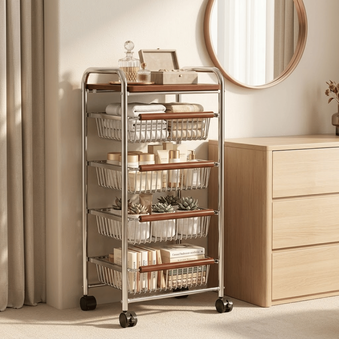 Vintage Multi Layer Storage Trolley with Pull Out Baskets and Detachable Tabletop