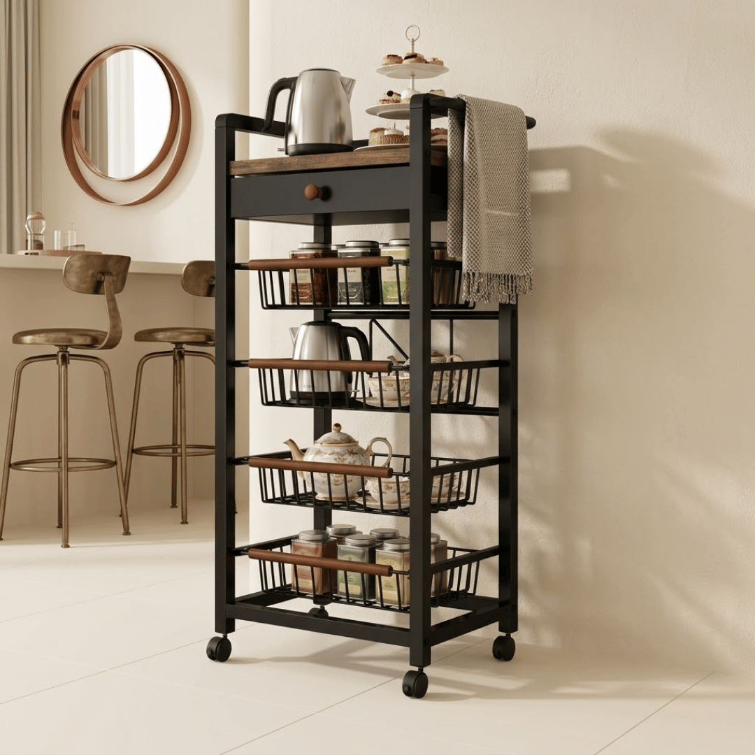5 Tier Rolling Kitchen Storage Cart with Rustic Wooden Top and Pull Out Wire Baskets