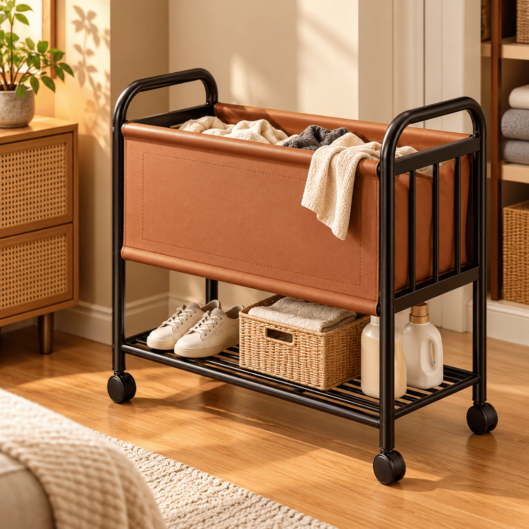 Multipurpose Rolling Laundry Basket Trolley with Fabric Hamper and Lower Storage Shelf