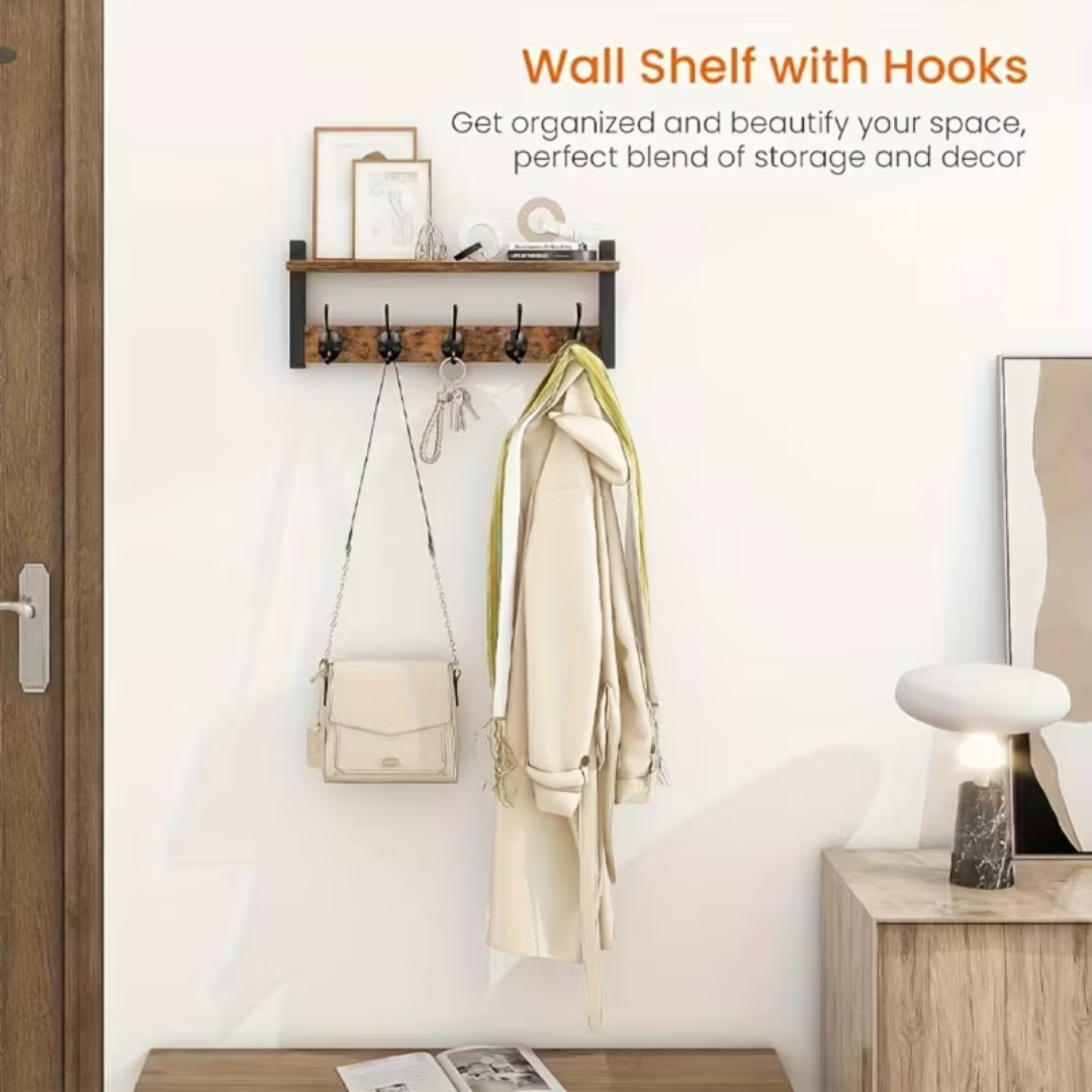Multipurpose Wooden Wall Hanging Shelf with 5 Strong Metal Hooks