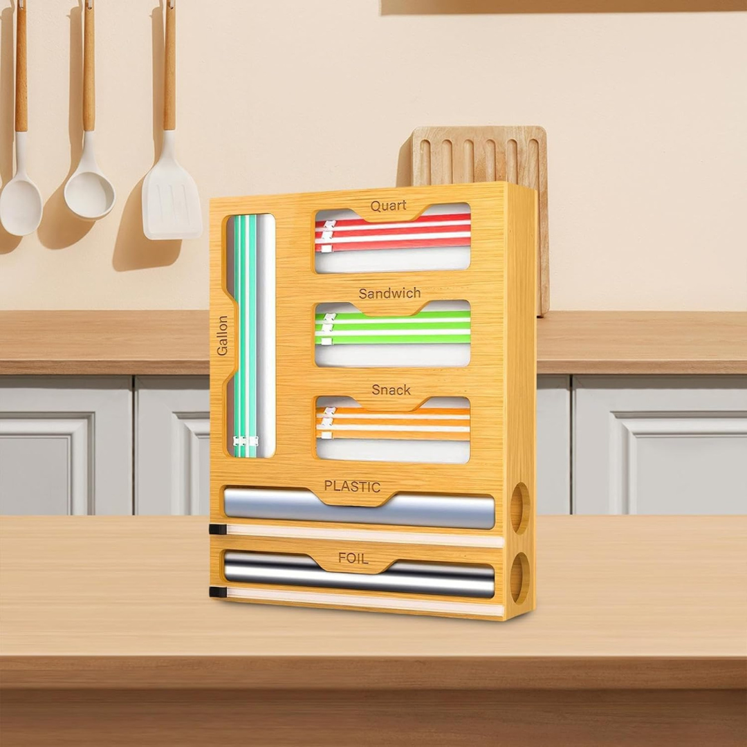 6 in 1 Bamboo Kitchen Storage Organizer with Bag Compartments and Wrap Cutters