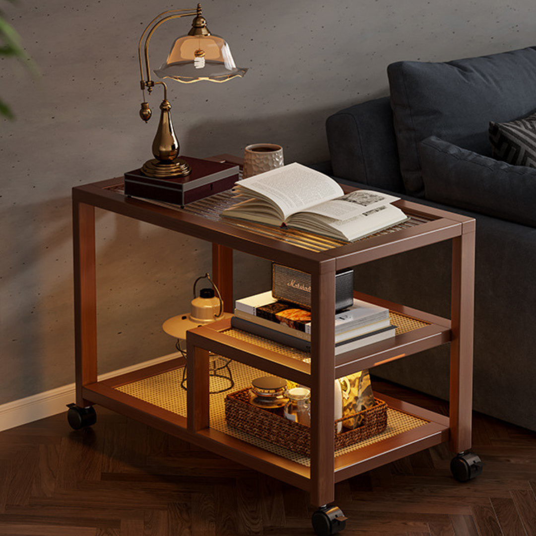 Premium Bamboo Rattan Rolling Side Table with Storage Shelves