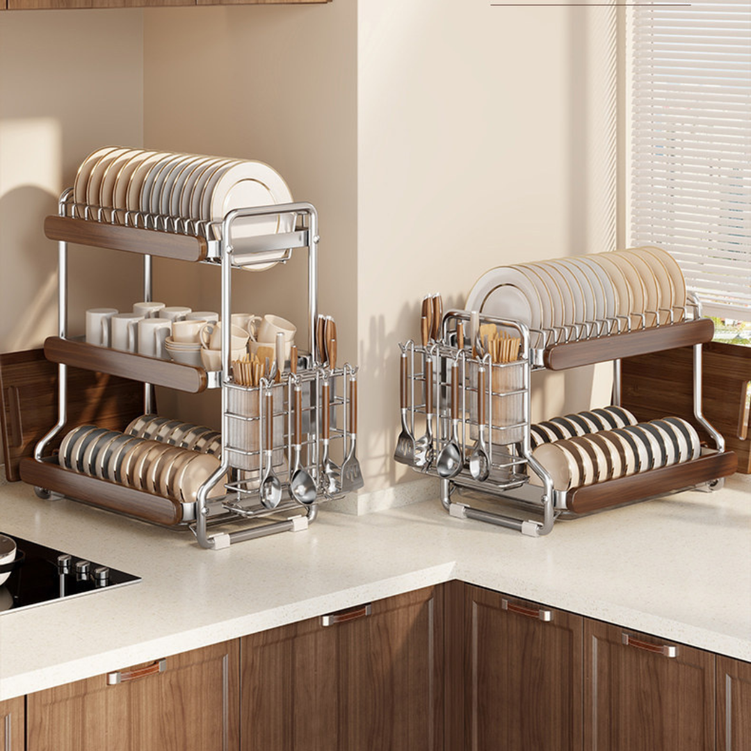 Premium Stainless Steel Dish Drying Rack with Solid Wood Storage Organizer