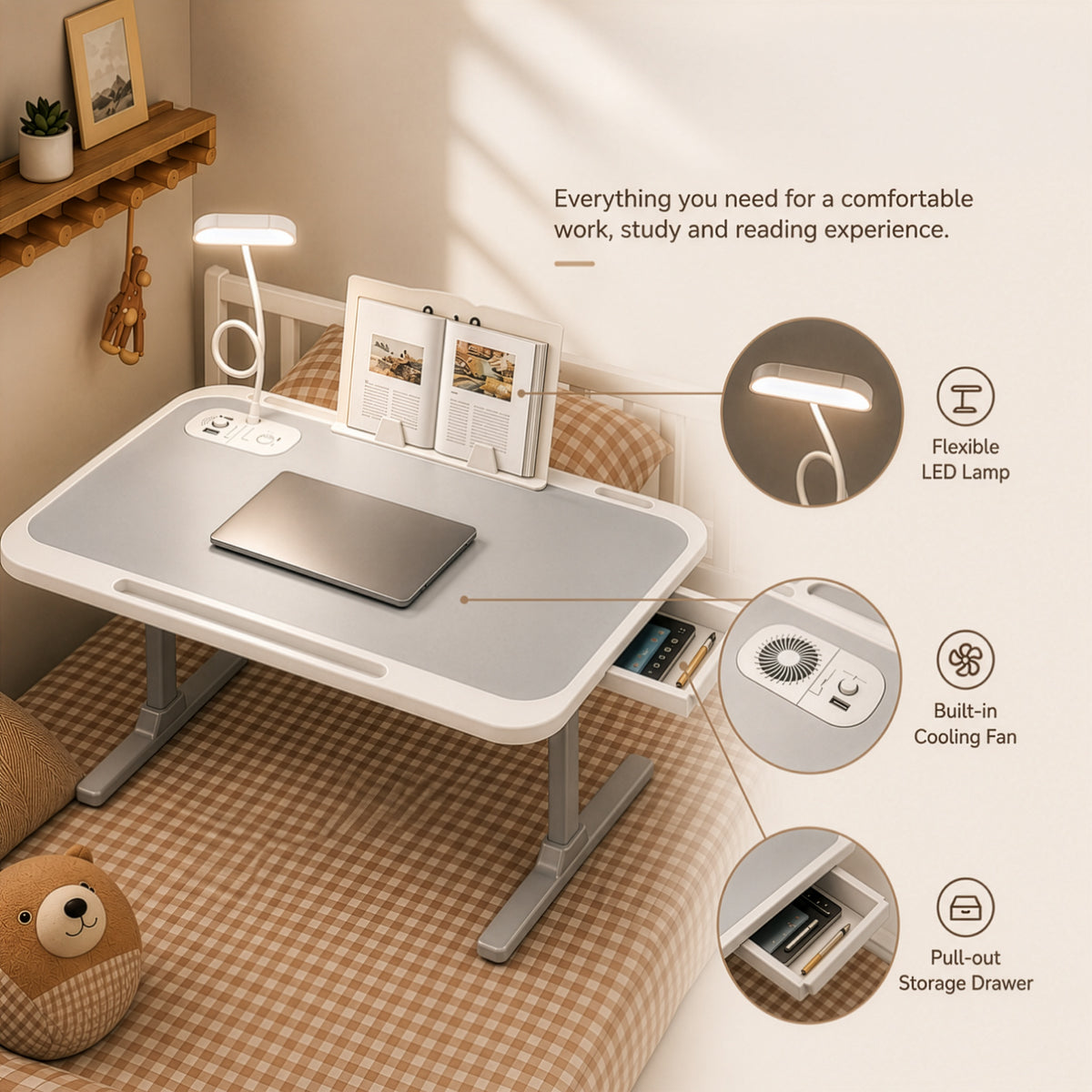Homero Premium Foldable Bed Table Adjustable Height Multifunction Table with Light