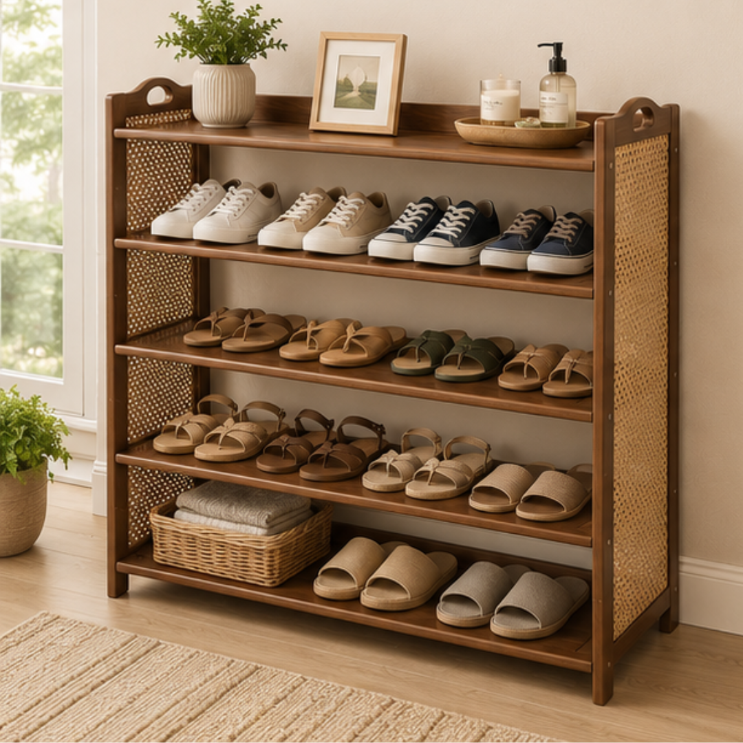 5 Tier Bamboo Shoe Rack with Woven Rattan Panels