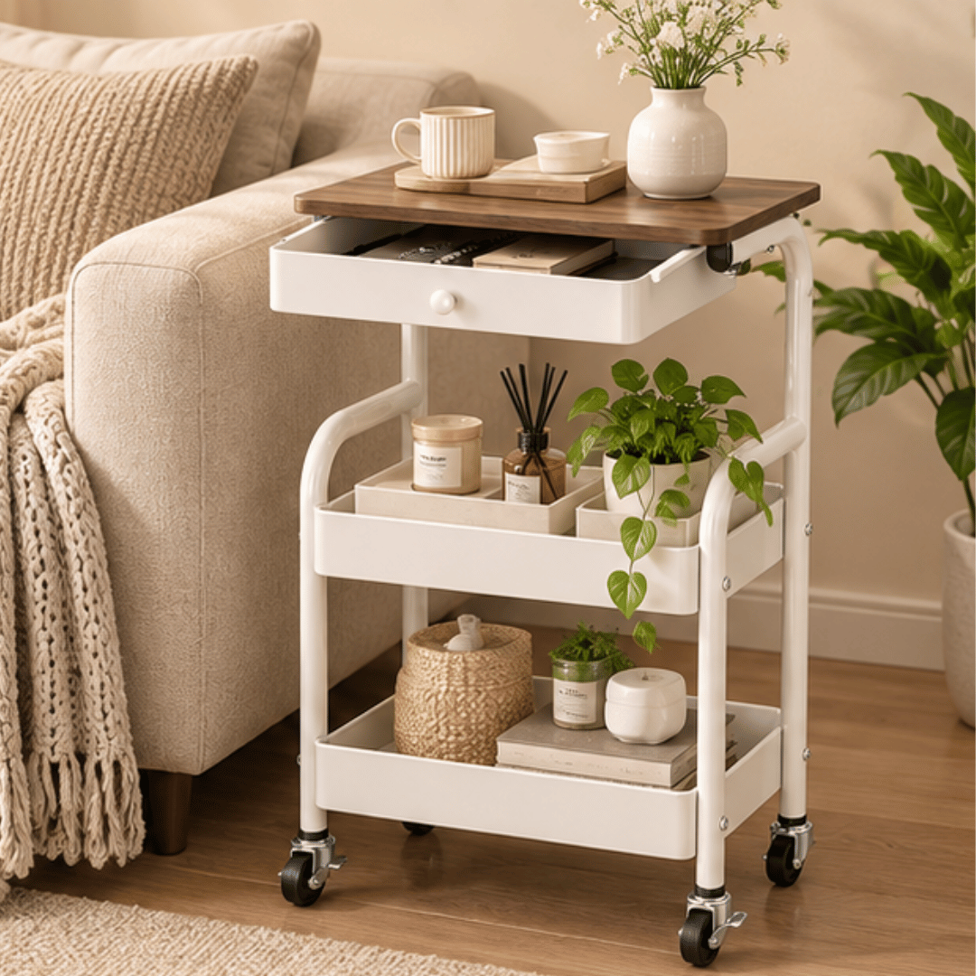 3-Tier Wooden Top Rolling Storage Trolley with Drawer and Wheels