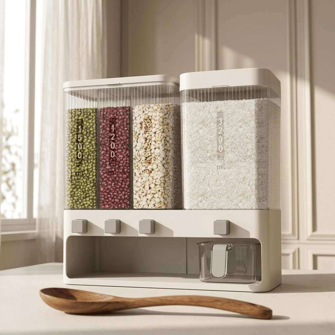 Multi Compartment Rice and Grain Dispenser with Press Dispensing & Measuring Cup