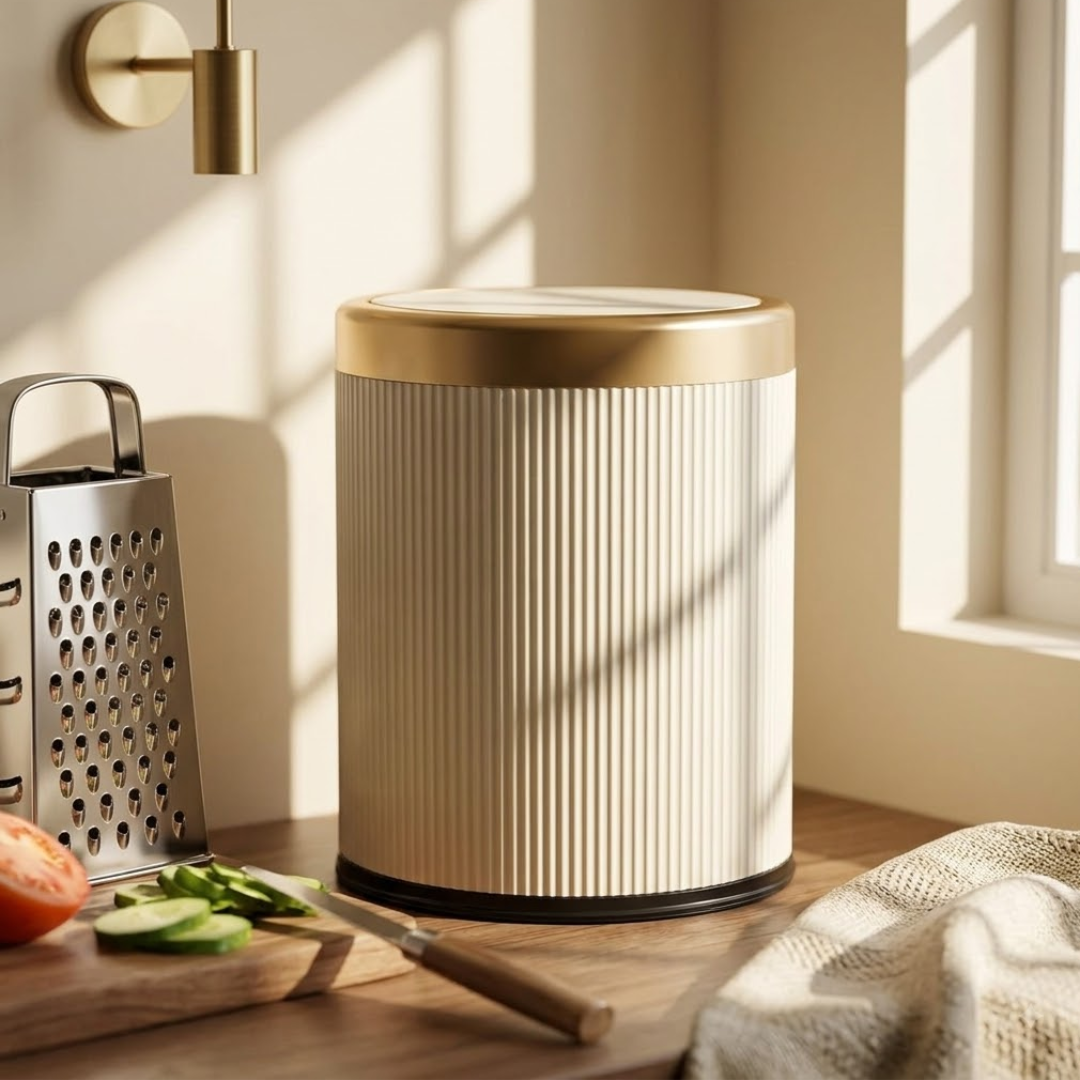 Modern Cream White Dustbin with Inner Bucket and Gold Accents (8L)