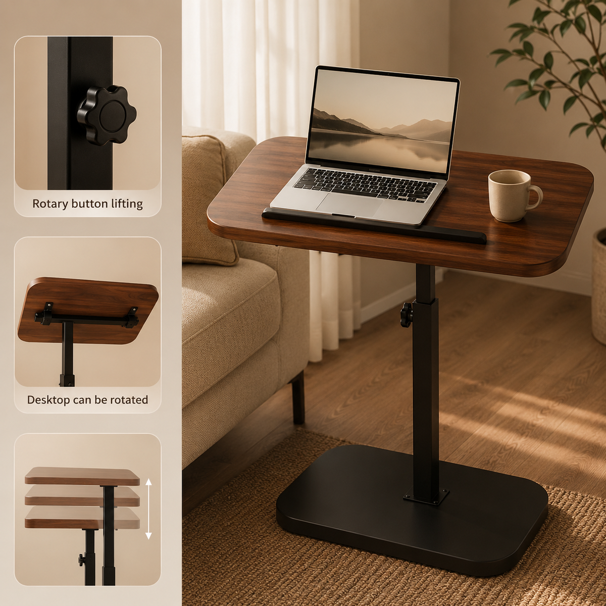 360° Swivel Adjustable C Shape Wooden Top Side Table