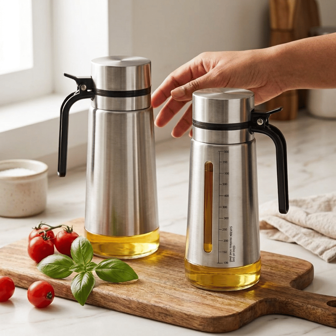 Premium Stainless Steel Oil Dispenser with Auto Flip Lid 650ml