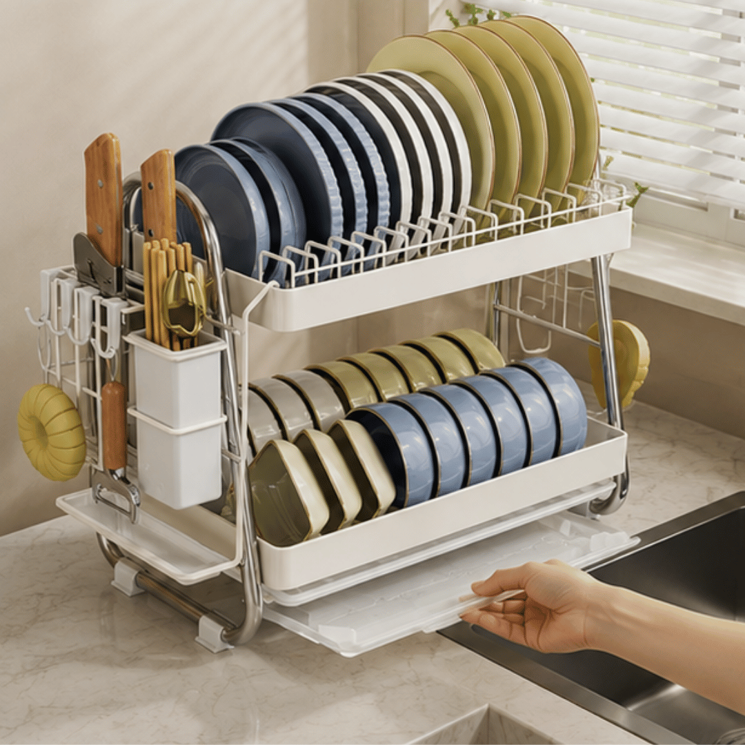 Premium Two Tier Carbon Steel Dish Rack With Cutlery Holder Knife Slots And Drip Tray