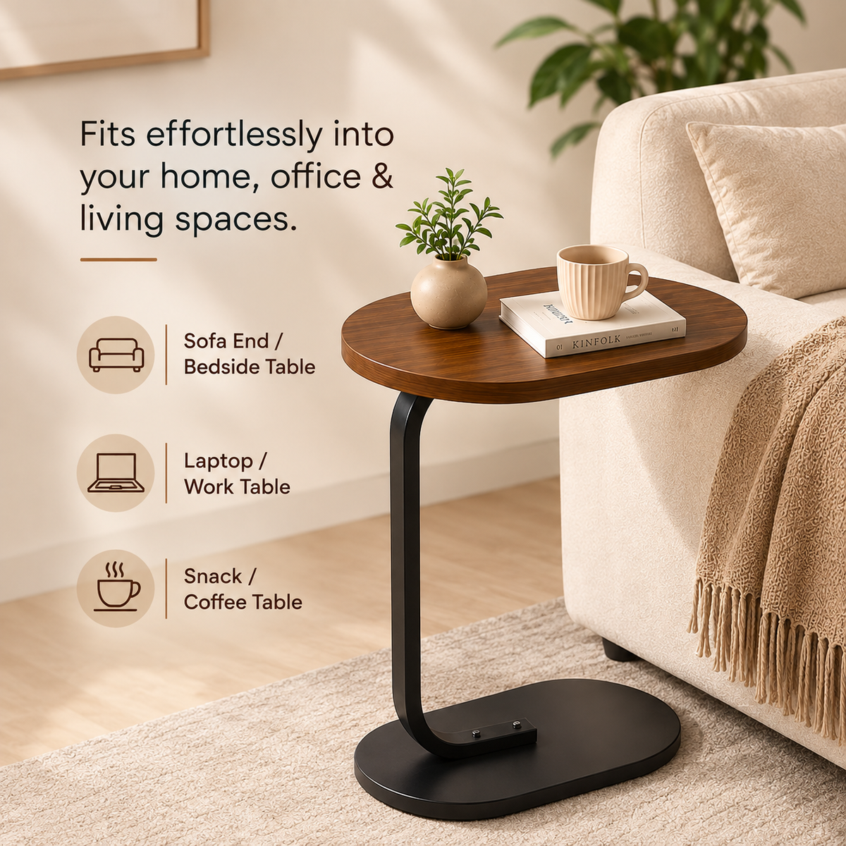 Homero Modern C Shaped Wooden Metal Side Table