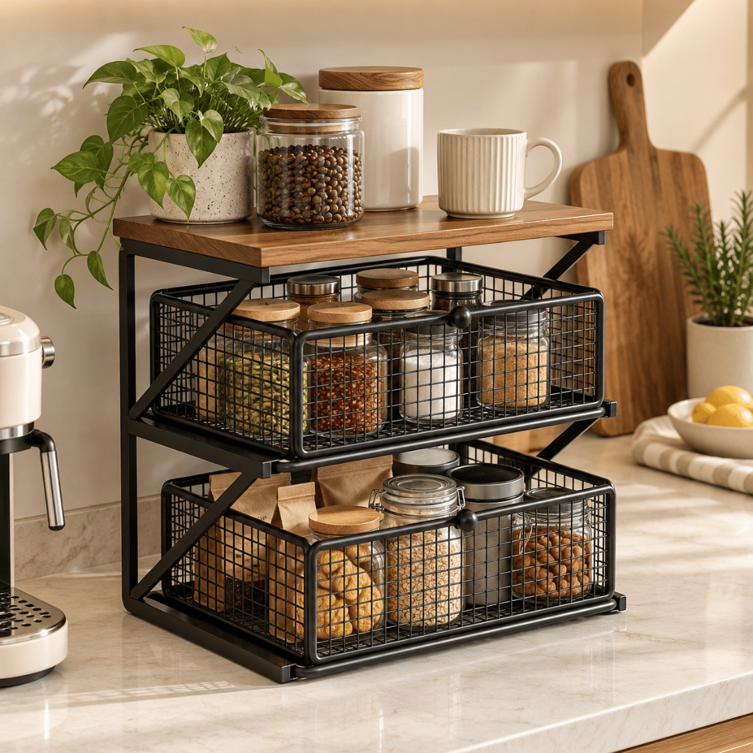 Multi Purpose Wooden Top Organizer with Two Sliding Drawers