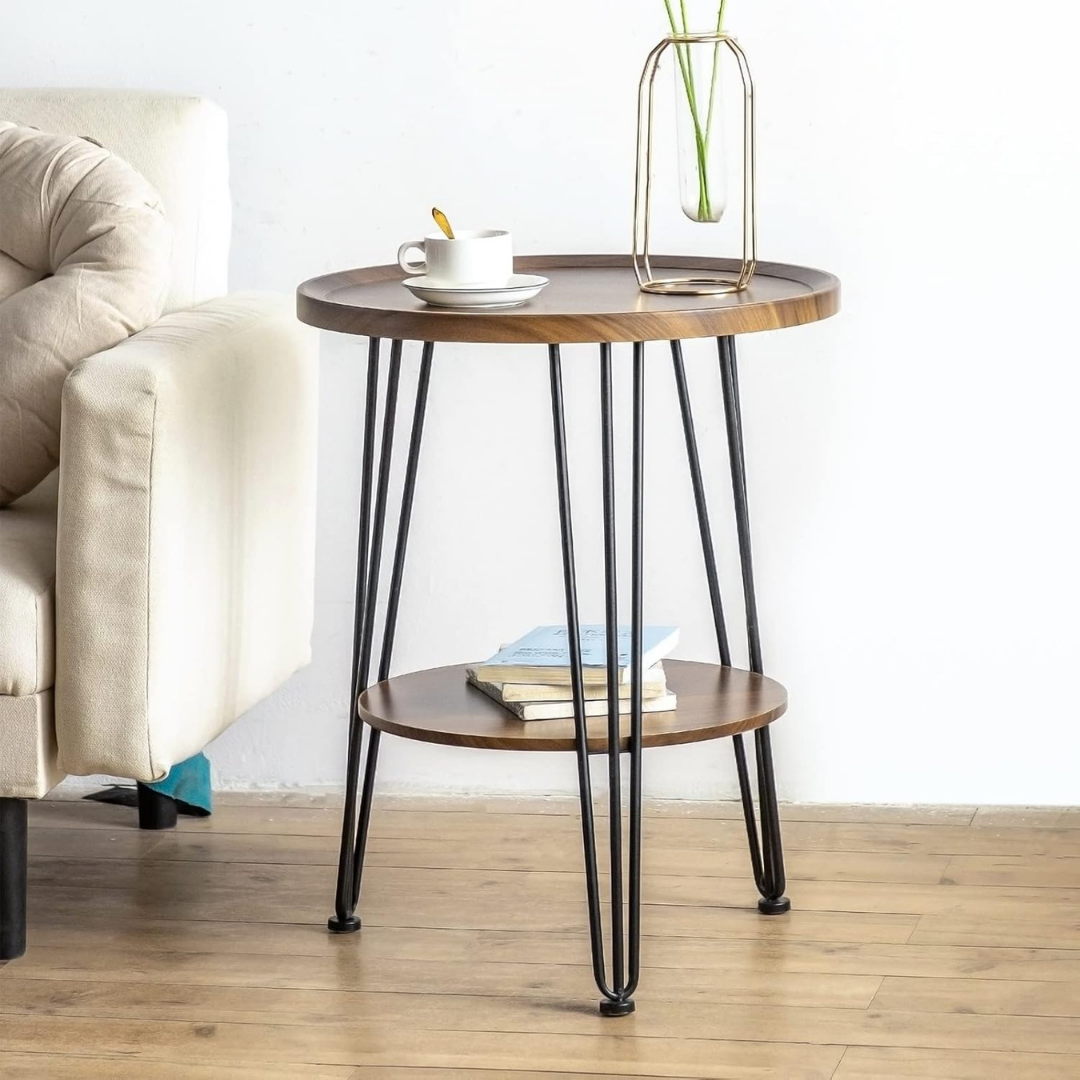 HOMERO Premium Natural Wood Double-Layer Storage Round Accent Table