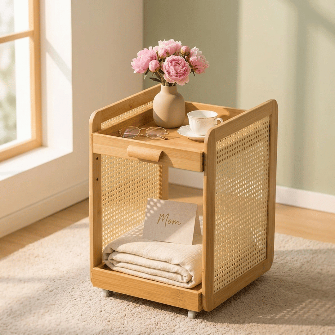 Homero 2 Layer Adjustable Bamboo Side Cabinet with 360 Degree Wheels