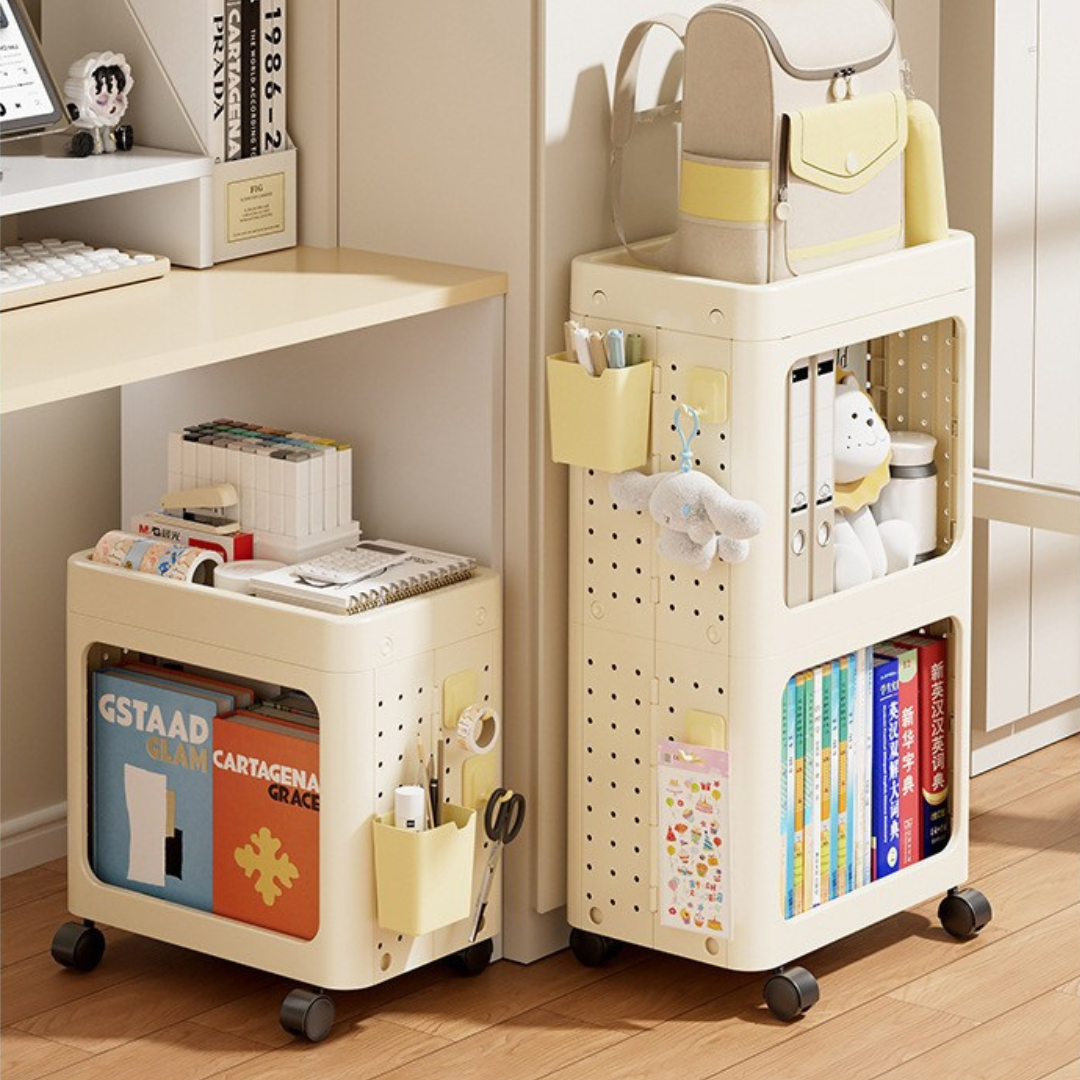 Premium Folding Space Saver Pegboard Bookshelf with 360° Omnidirectional Wheels