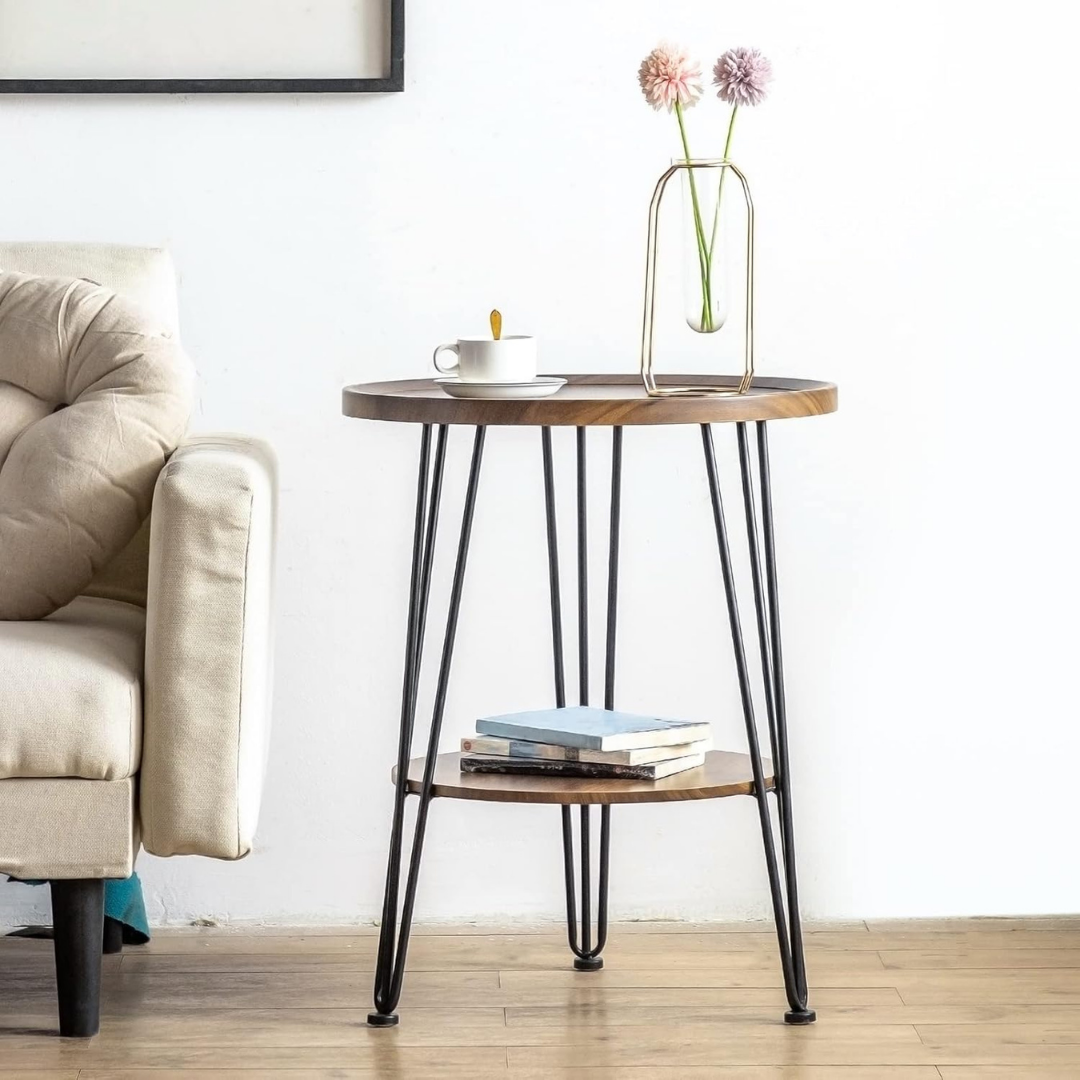 HOMERO Premium Natural Wood Double-Layer Storage Round Accent Table