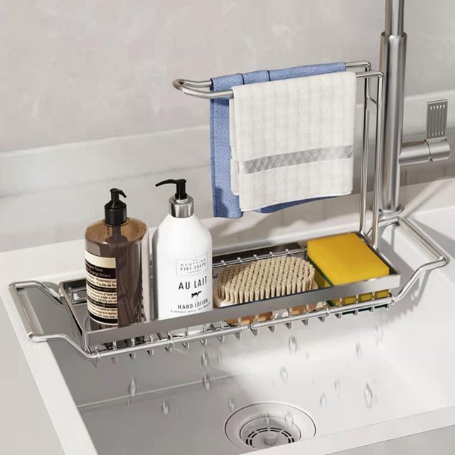 Expandable Stainless Steel Kitchen Sink Organizer with Drain Holder