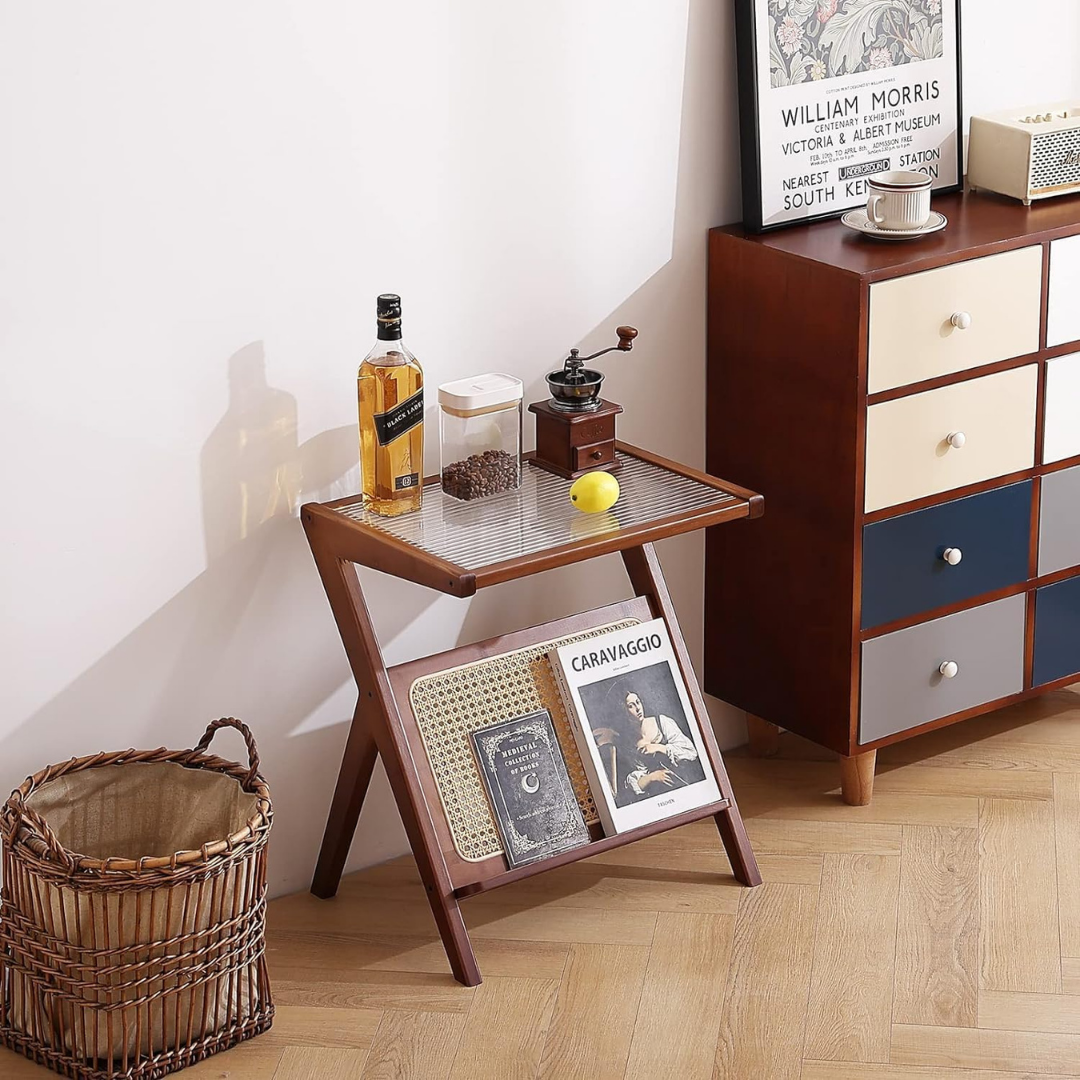 Elegant Z-Shape Boho Wooden Side Table with Toughened Glass Top